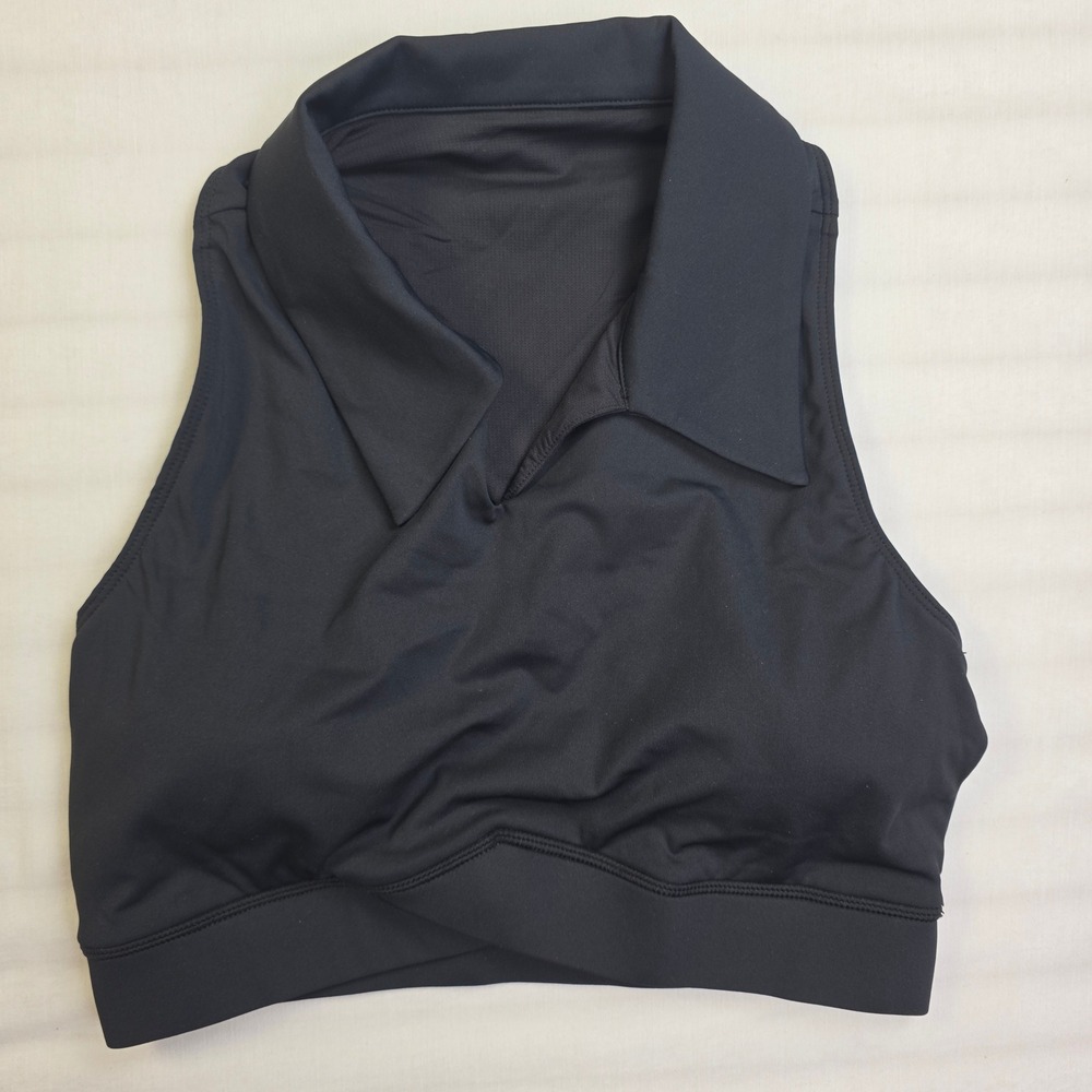 Halara Black Sleeveless Collared Sports Bra Polo Top Crossover Hem Medium